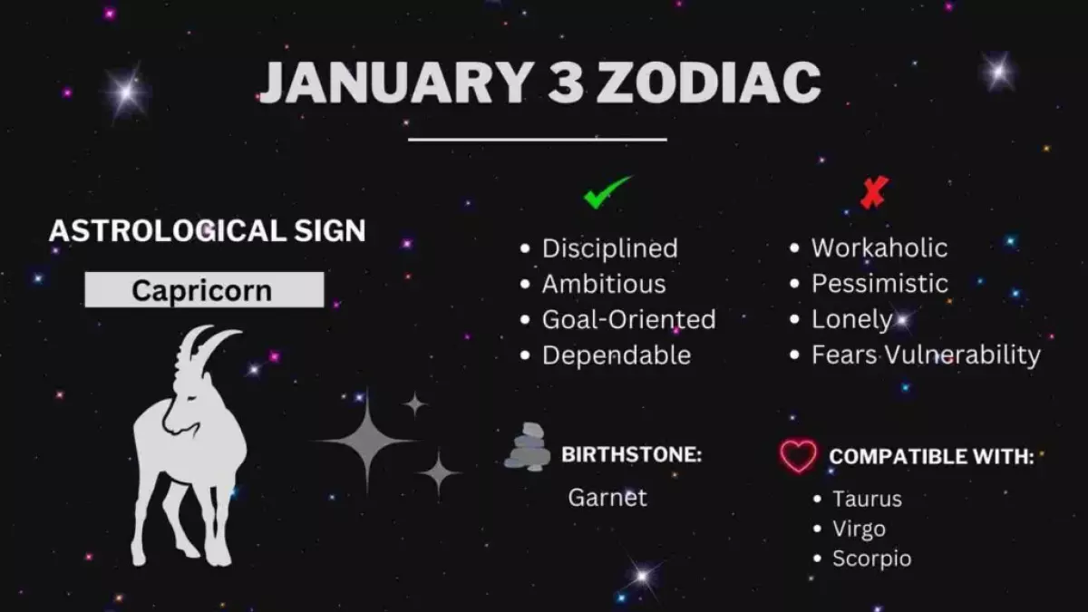 The complete profile of January 3 zodiac sign showing the personality traits, compatibility, symbol, and birthstone