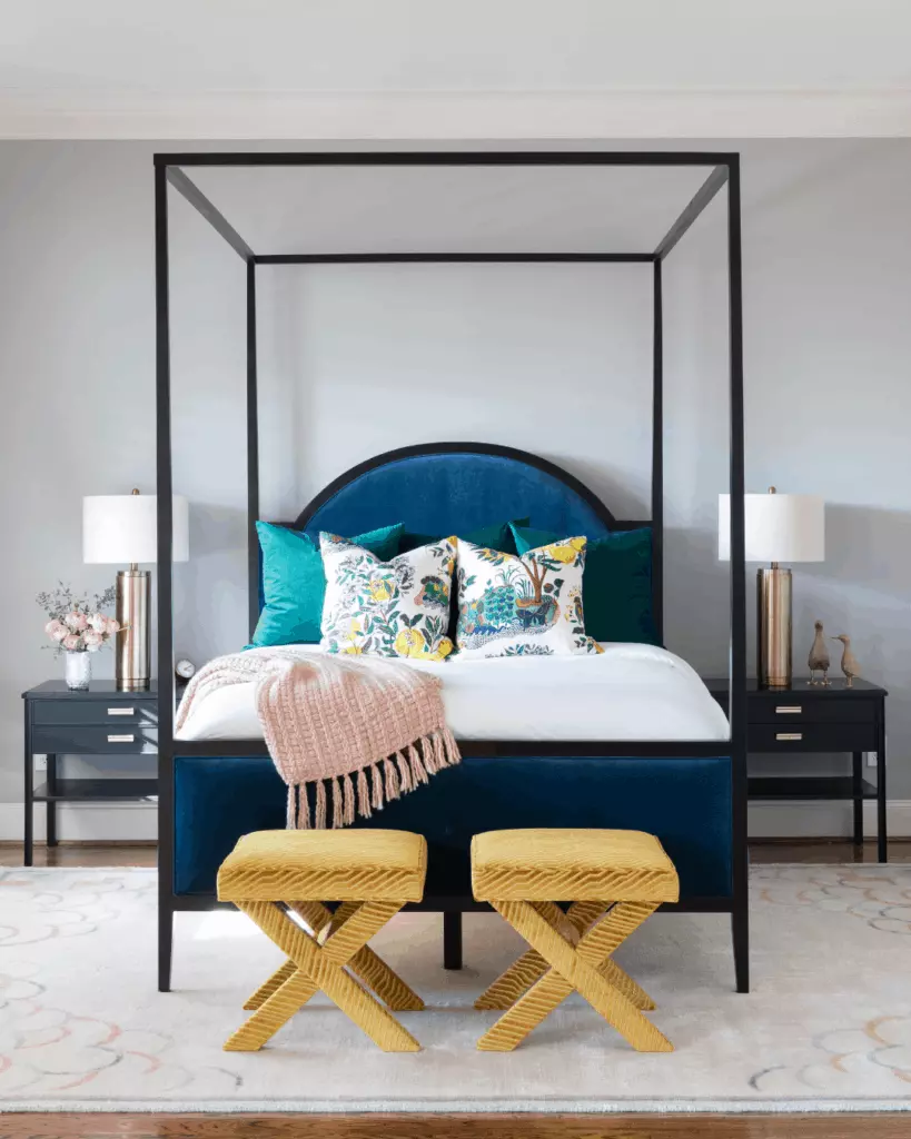 Modern bedroom design by Laura U featuring sapphire, teal, and citrine colors