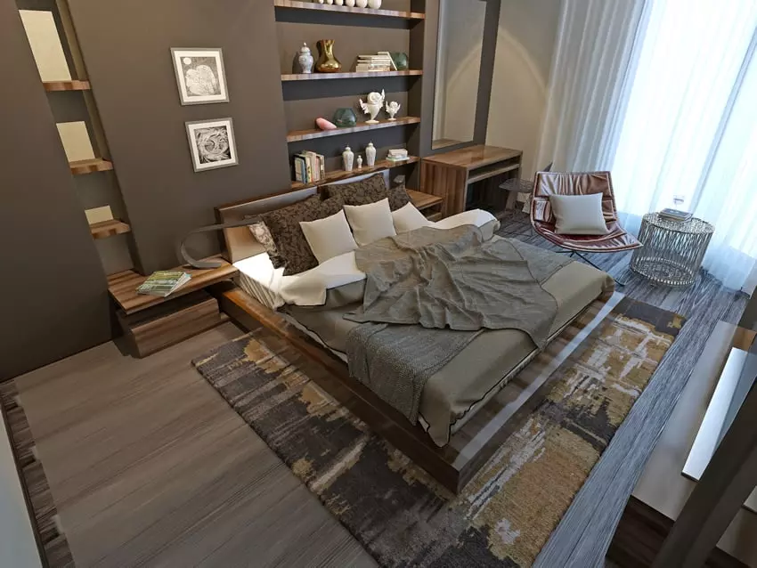 Masculine bedroom with dark gray paint