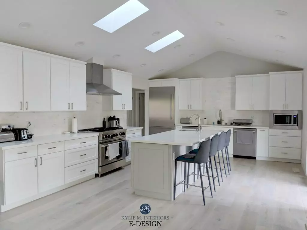 Benjamin Moore Collingwood, best warm gray paint color, Silver Gray ceiling, Sherwin Williams Pure White trim, contemporary living room. Kylie M Interiors Edesign, online paint color consultant