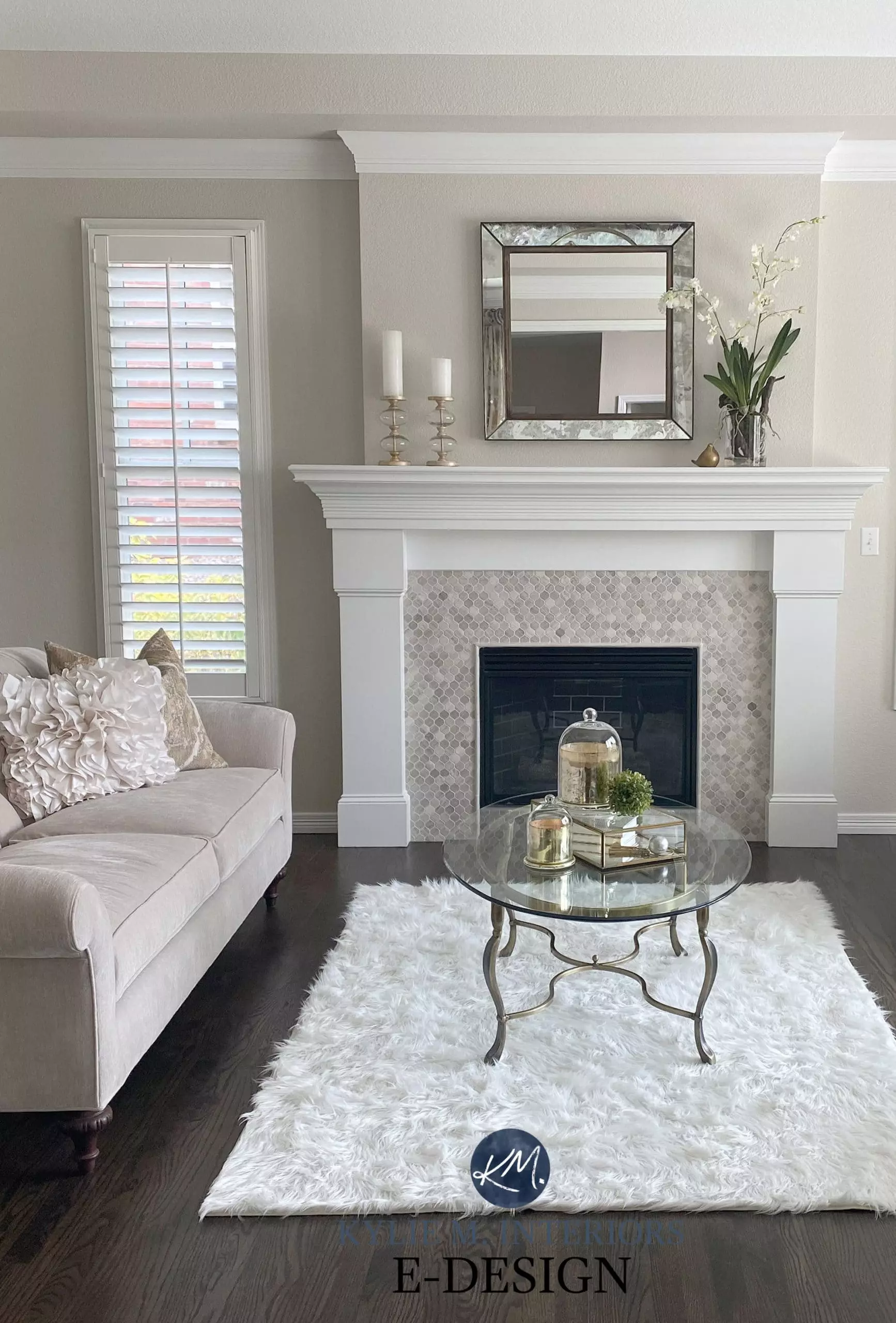 Benjamin Moore Classic Gray with white bedding and yellow and black accents. Warm gray paint color. Kylie M Interiors Edesign, online paint color consulting