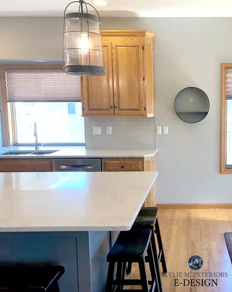 Benjamin Moore Stonington Gray on the walls of a bathroom with double sinks and white quartz. Custom-made wood vanity and tile floor. Kylie M Interiors Online Color Consulting services