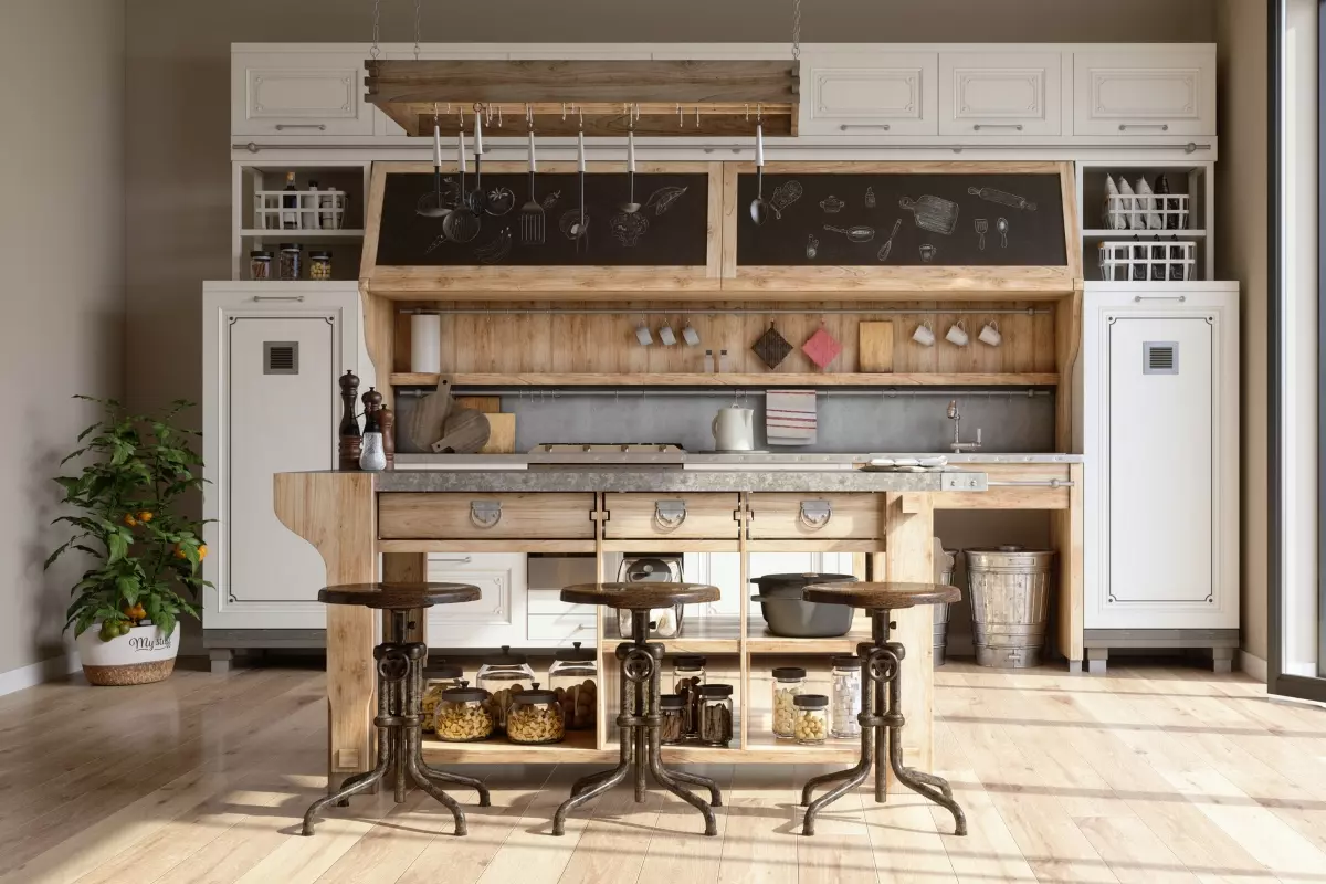 rustic and industrial kitchen design with wood cabinets