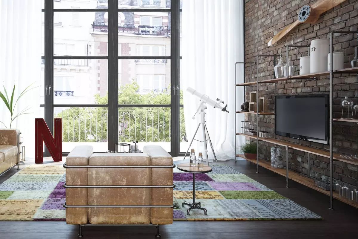 rustic and industrial living room with metal and wood tv console