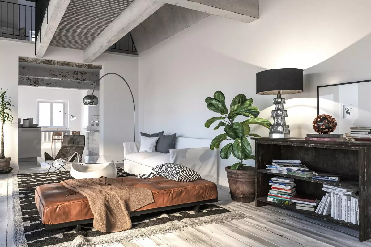 industrial and rustic room with leather chaise