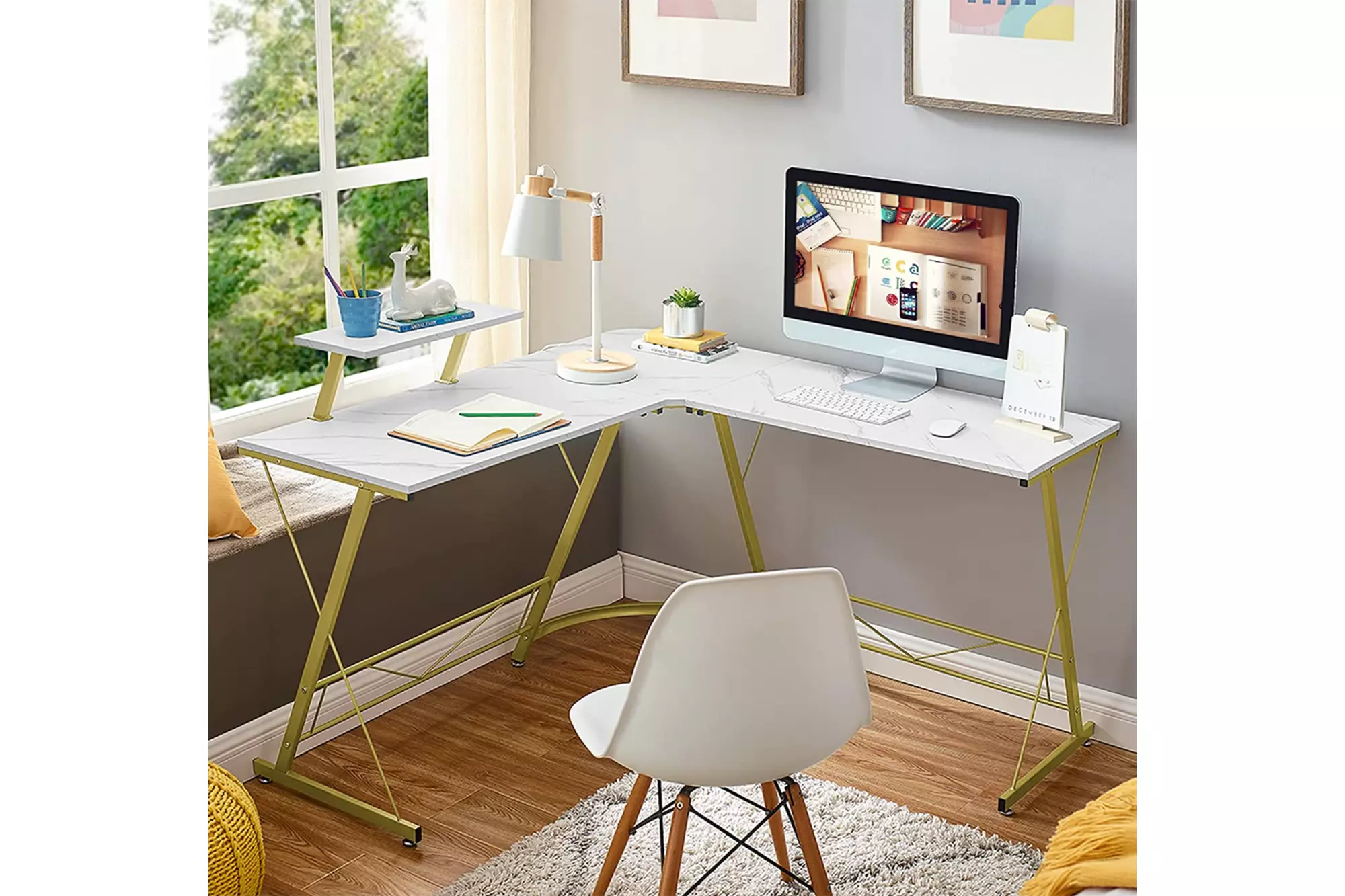 Marble and gold L-shaped desk