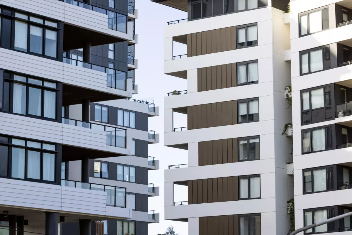 Closeup new, modern apartment buildings, background with copy space