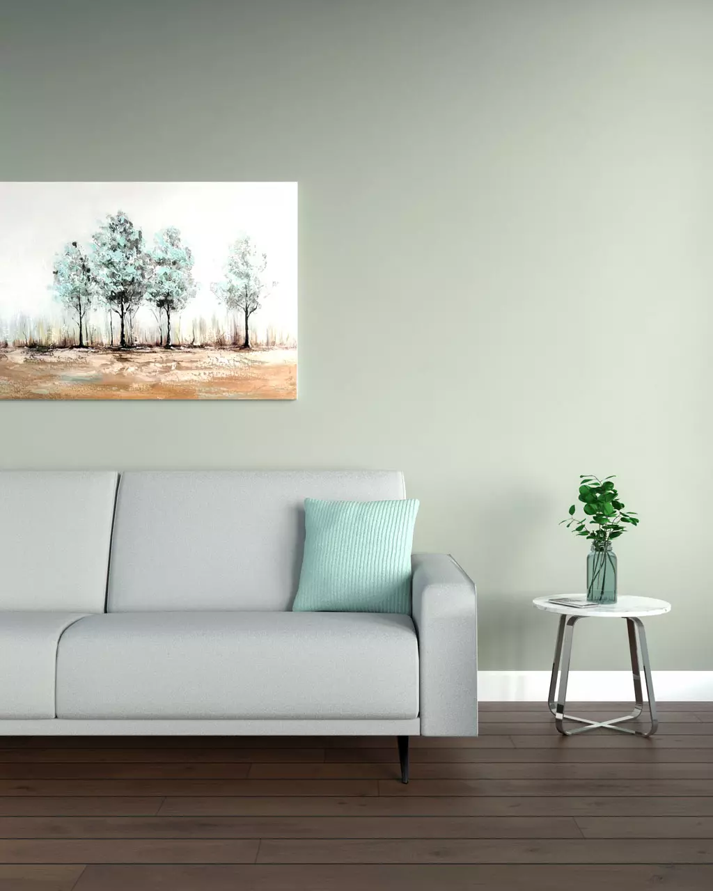 Pale green (acacia haze) wall with brown hardwood flooring