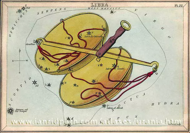 Star chart with stars in black on white with blue line of ecliptic running across.