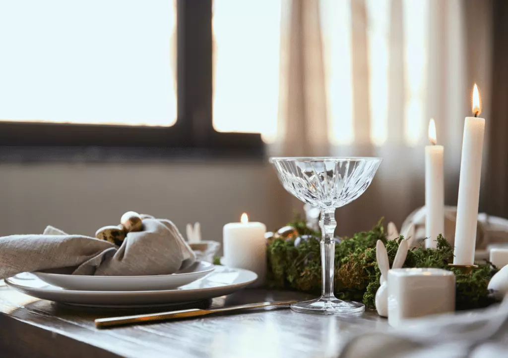 Empty wine glasses on a table.