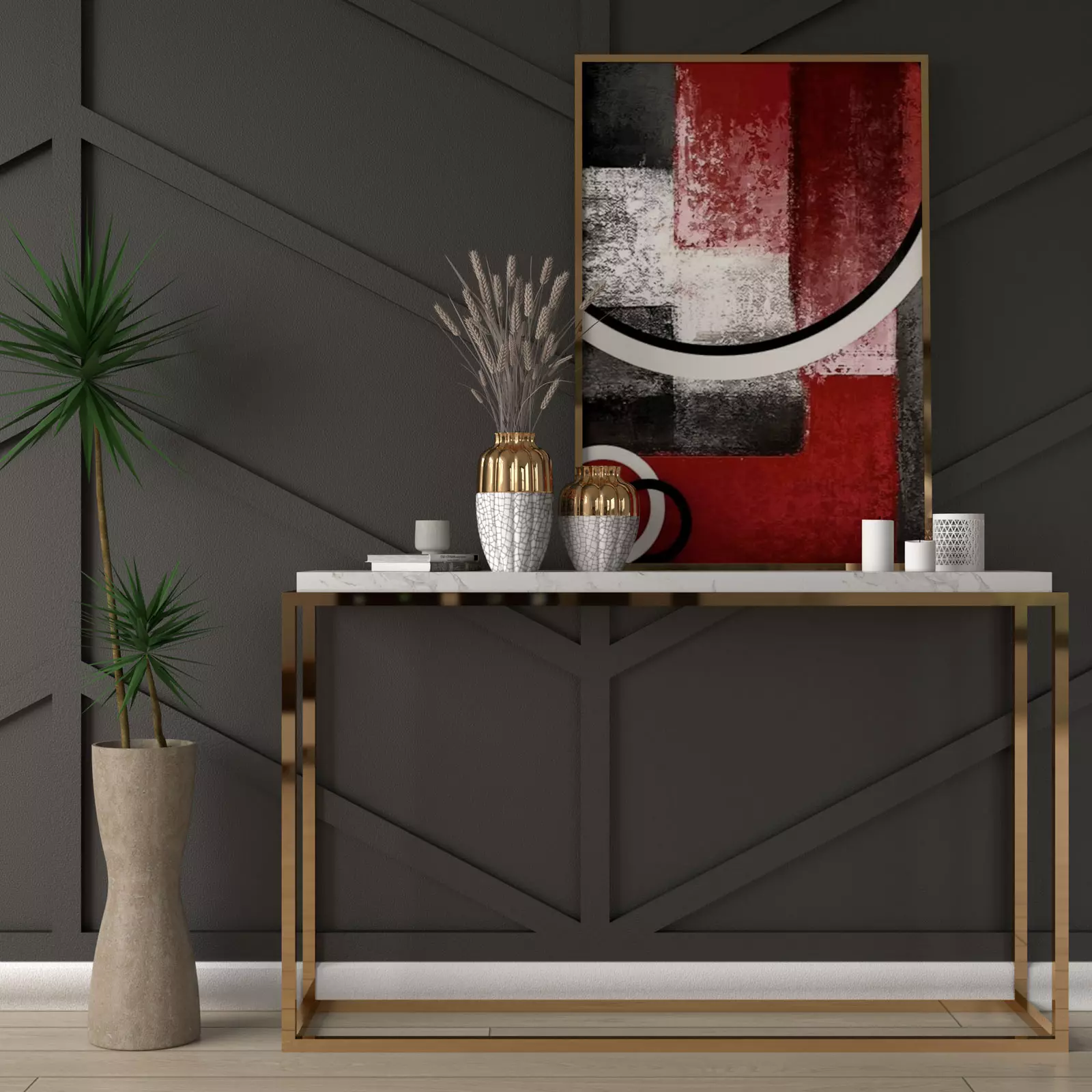 Black wall with deep red and gold accessories