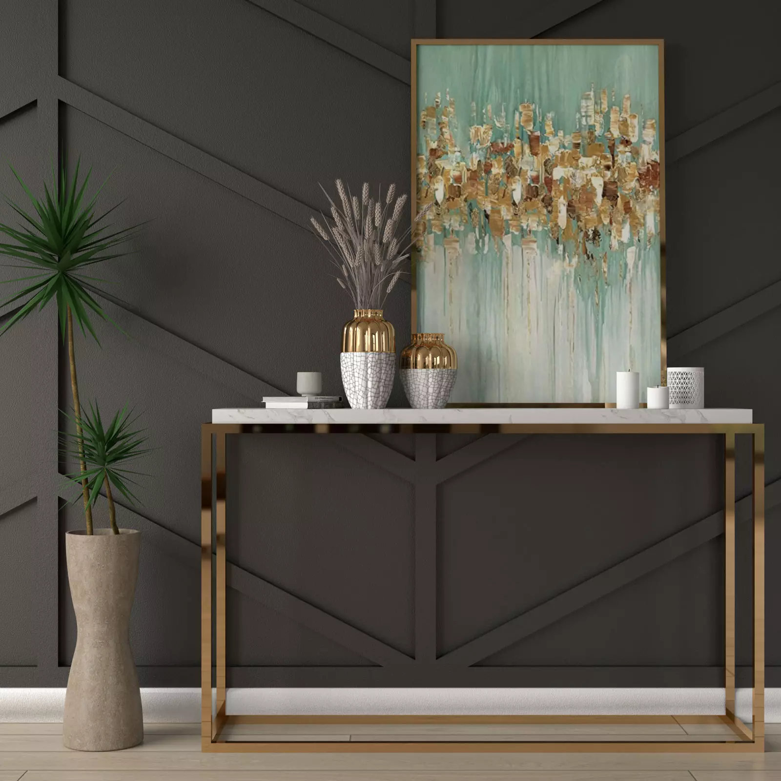 Black wall with mint and gold accessories