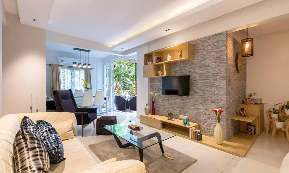 Traditional asian living room featuring a modern seating area with an oriental coffee table