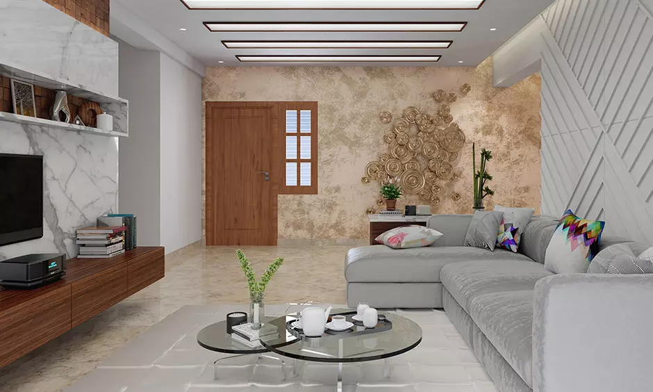 Asian living room in Contemporary style features a white farmhouse ceiling with wooden accents