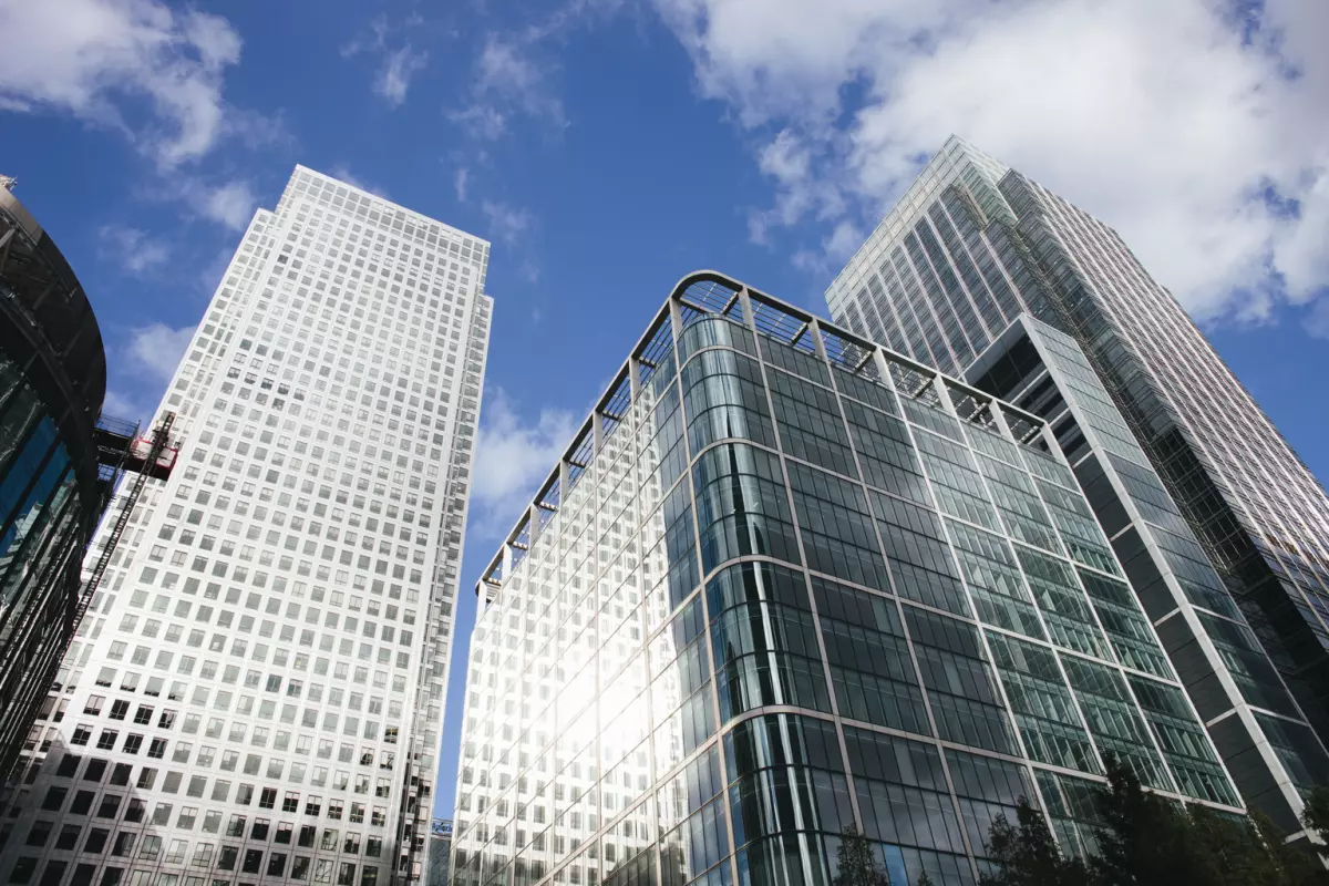 Low angle view of London city Canary Wharf skyscrapers