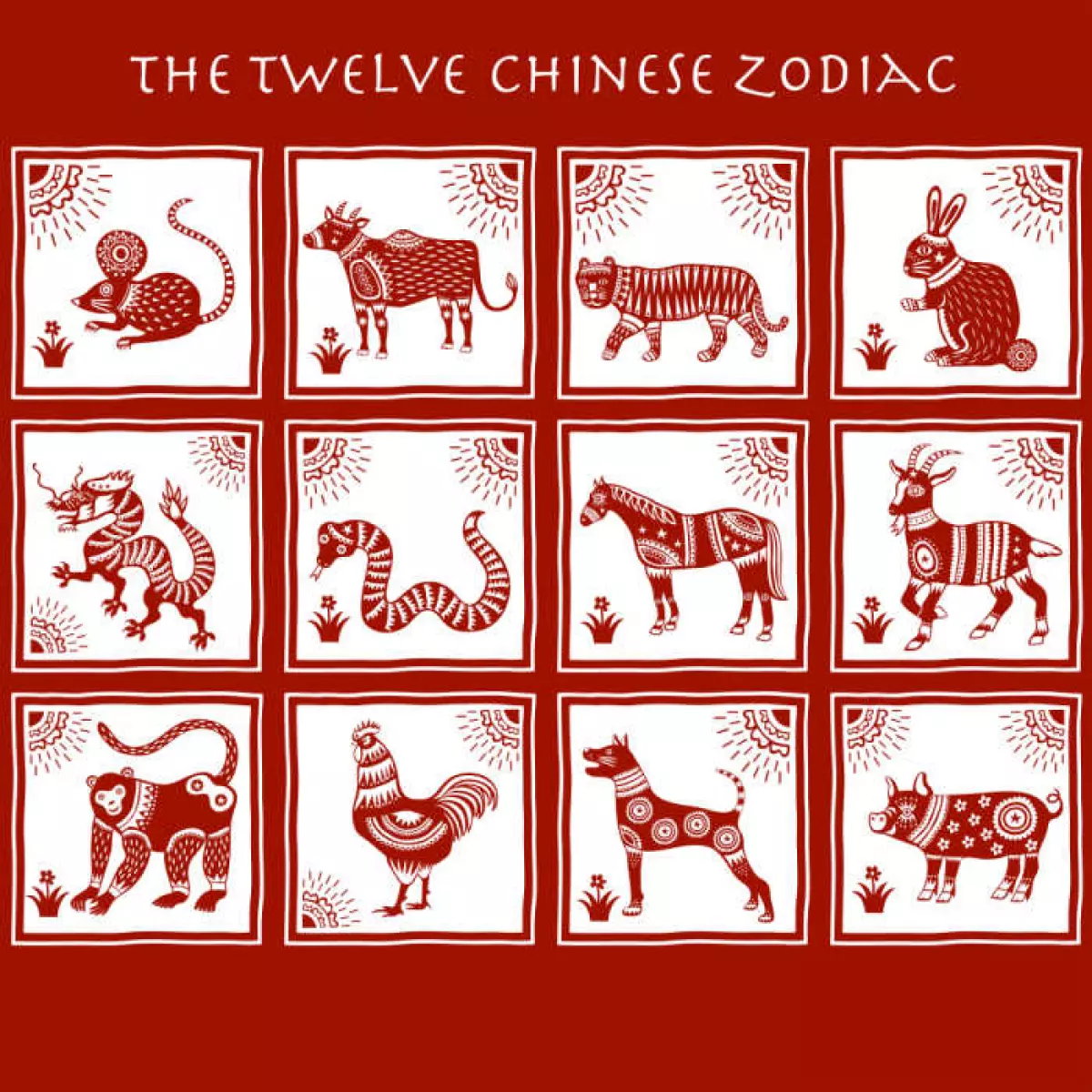 12 animals on a red background with words