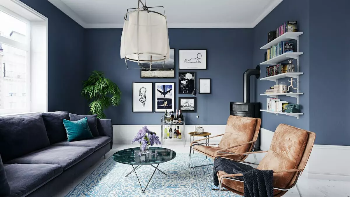 Mid century interior design living and dining area with blue and gold accents