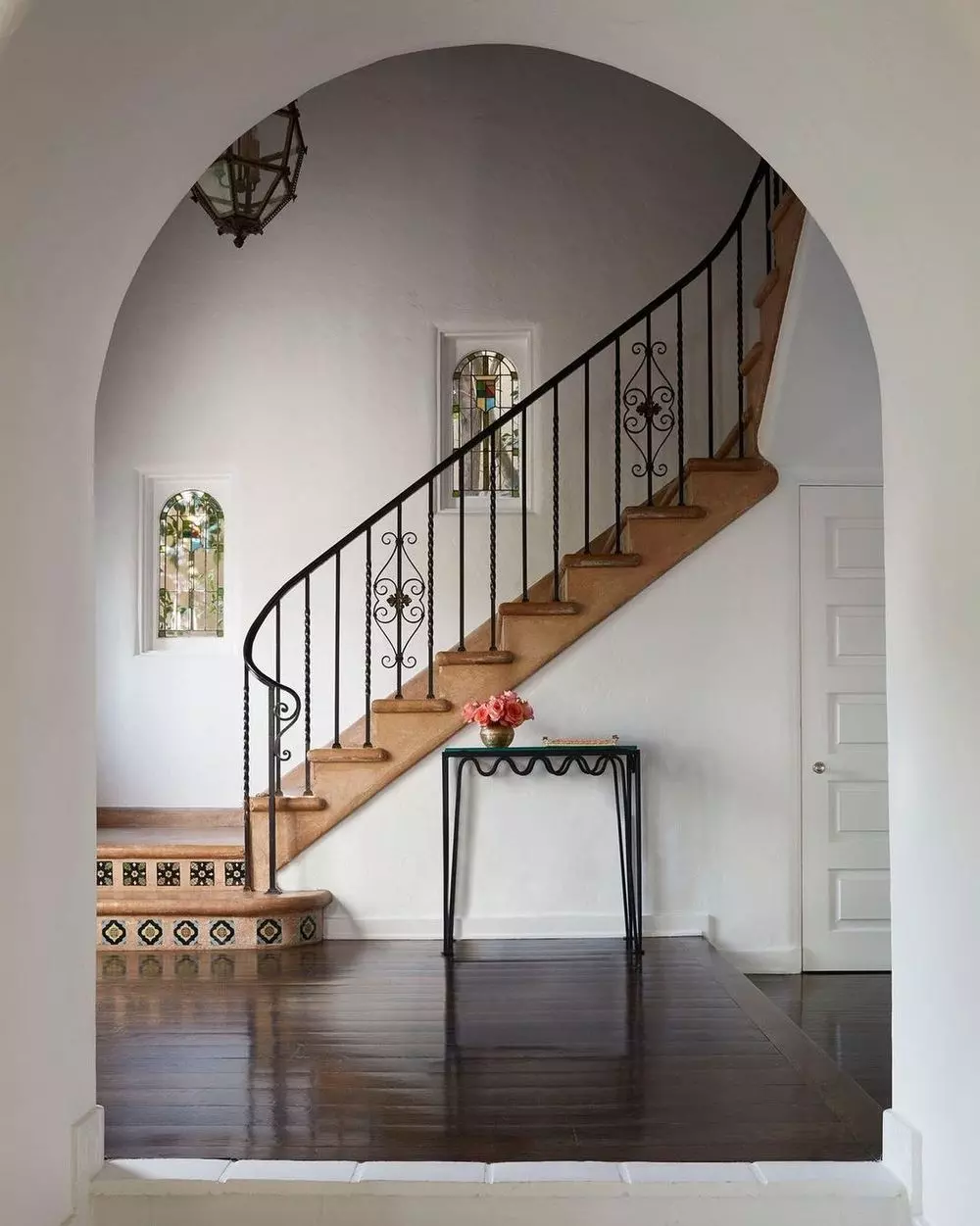 Spanish dining room interior design stone fireplace