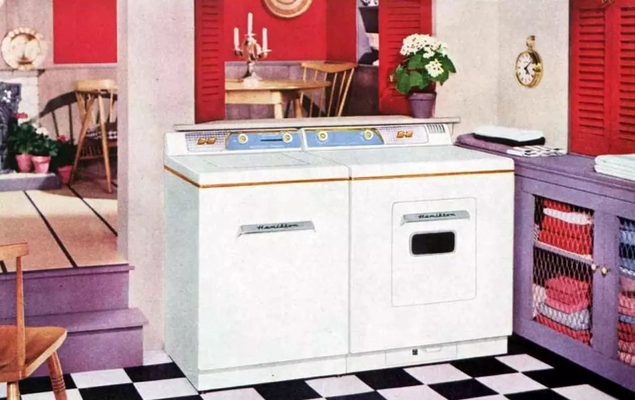 Retro laundry rooms: Old-school washer and dryer in a room off the dining area (1955)