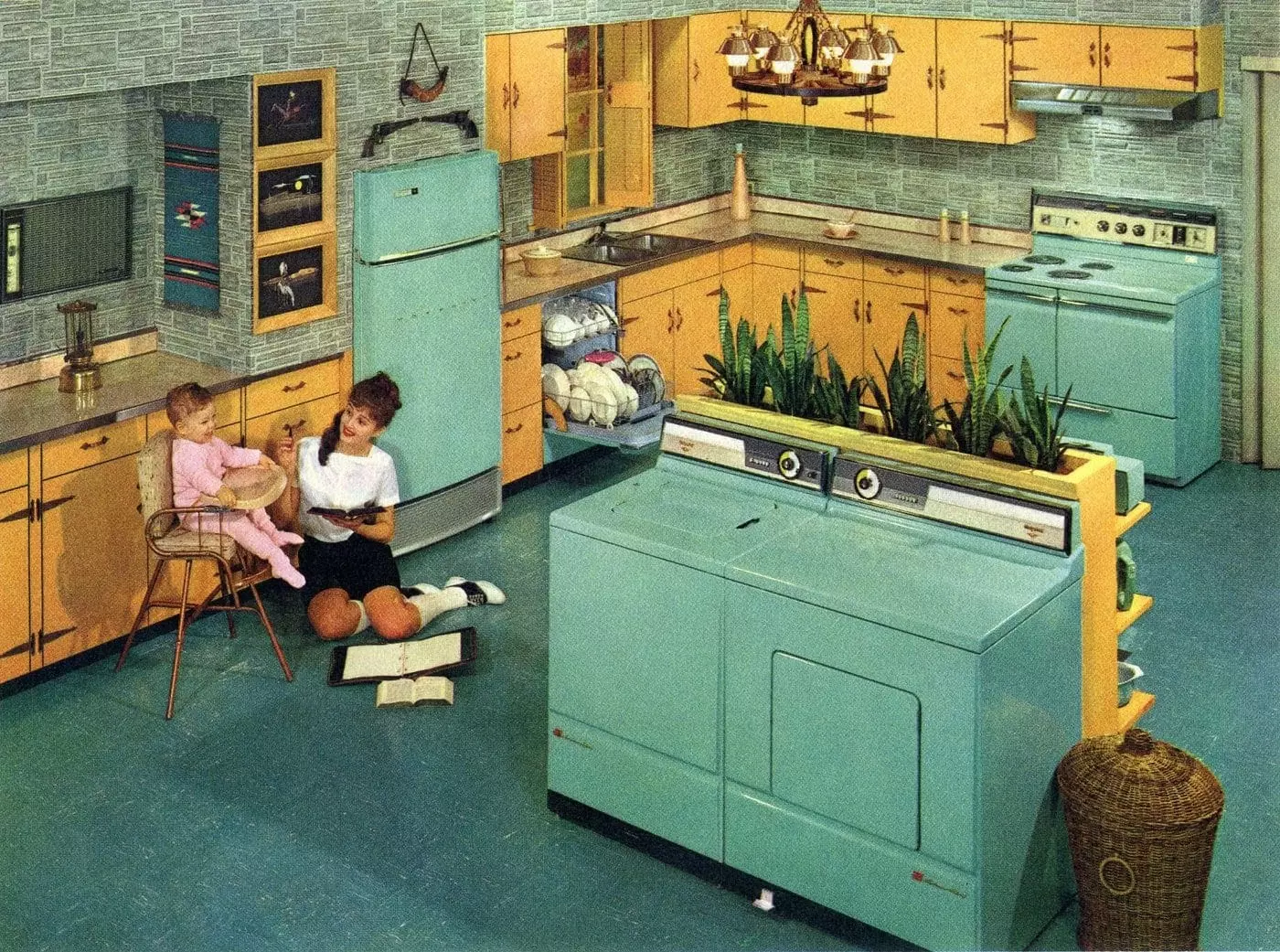 Big aqua retro kitchen from 1960 with washer and dryer island