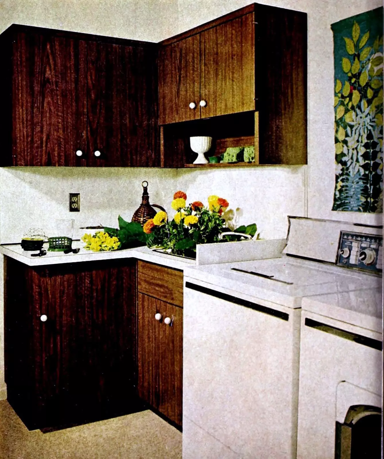 Simple laundry room with washer, dryer, and cabinets (1966)