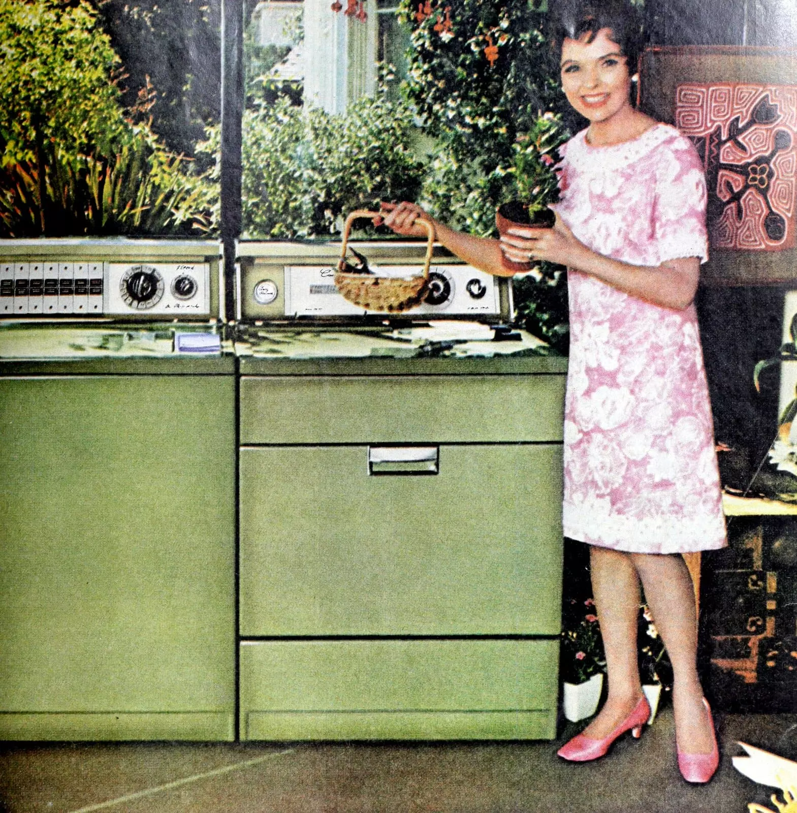 Actress Jane Wyatt with avocado green Sears Kenmore washer and dryer (1969)