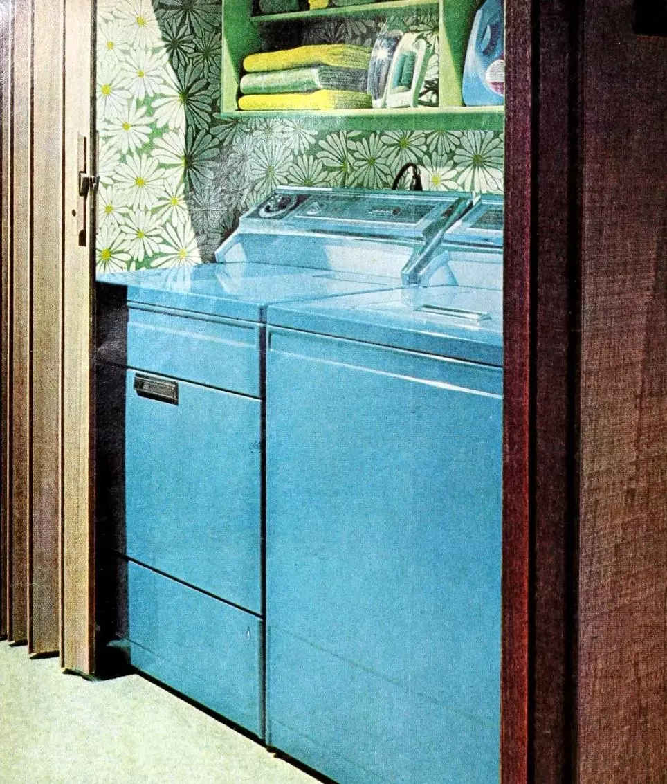 Small closet for side-by-side blue washer and dryer (1970)