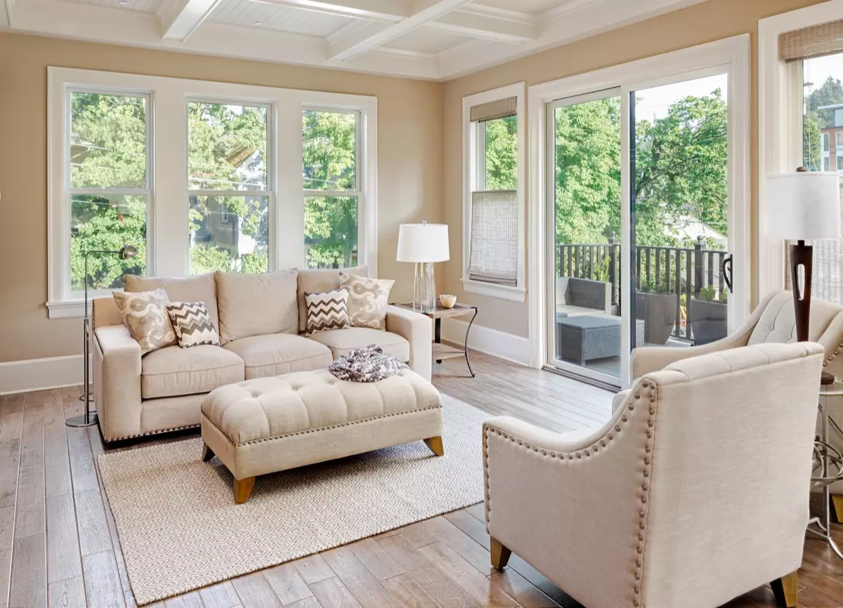 Beige couch in a smaller living room