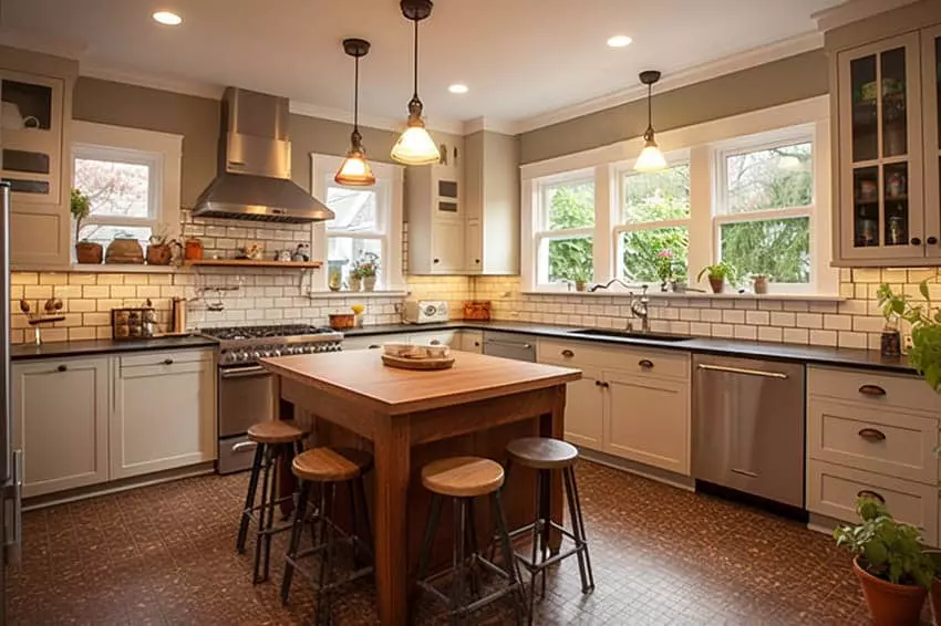 Subway rectangular tile with grey grout and gold hardware in kitchen