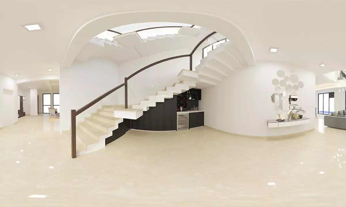 A lavish white hallway with a contemporary marble and wood staircase design