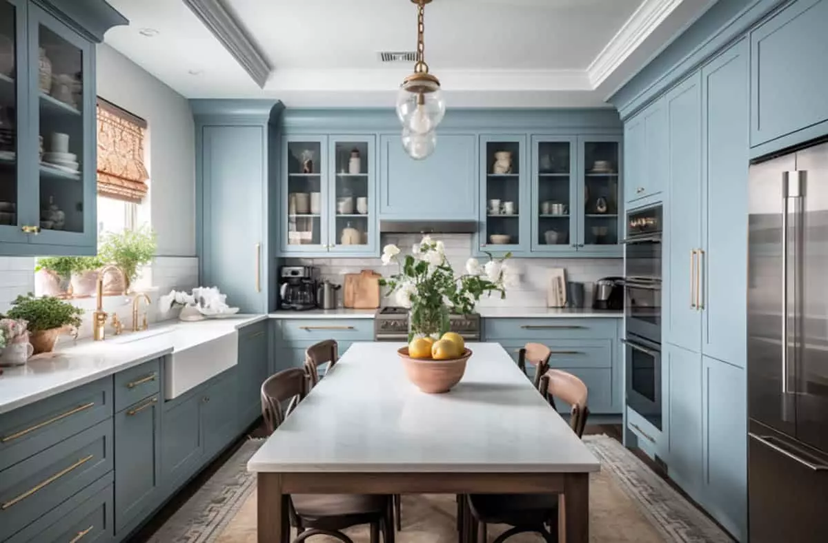 Kitchen space with blue bottom cabinets and white upper cabinets with a portable metal island