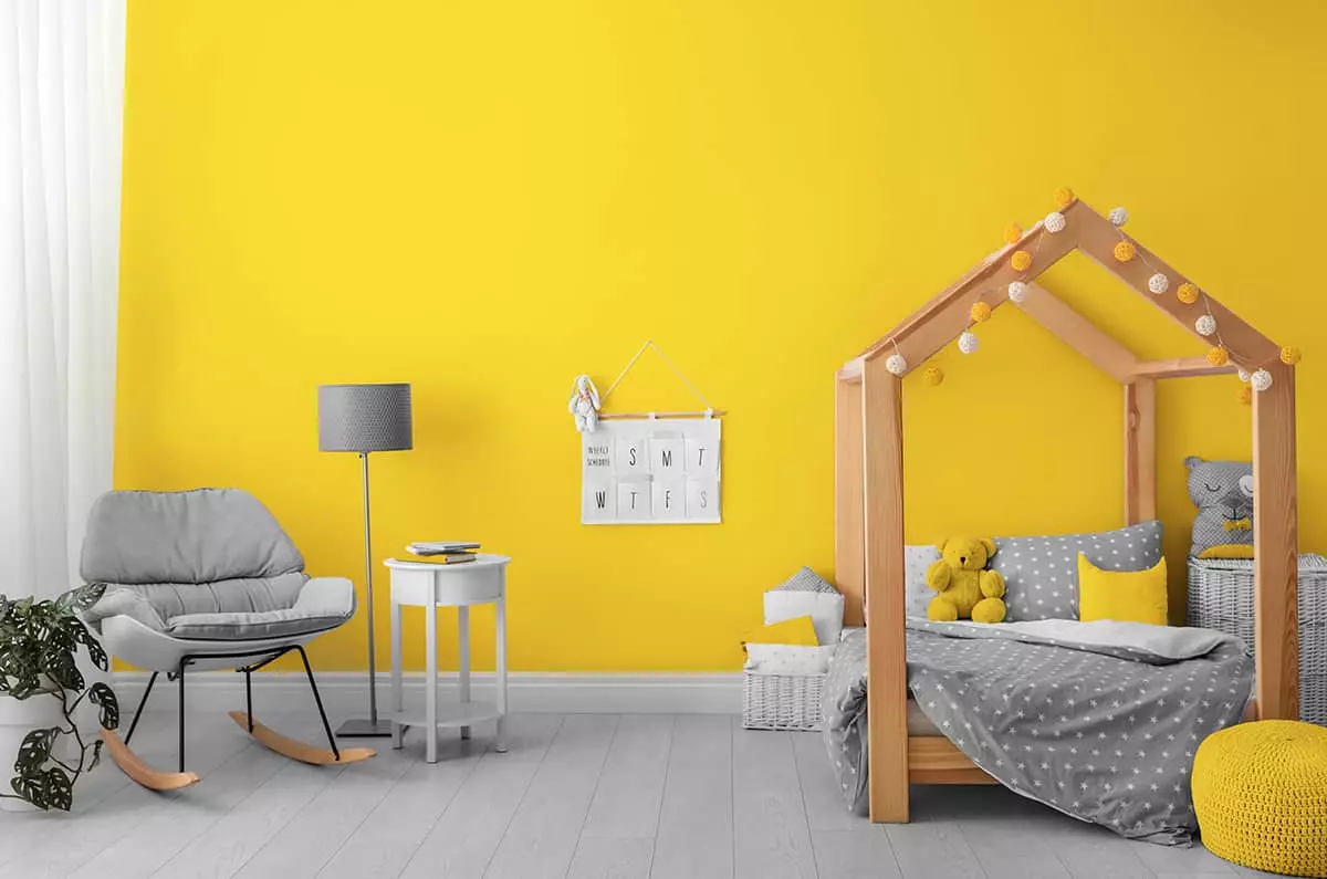 Bright Yellow Wall with Light Gray Floor