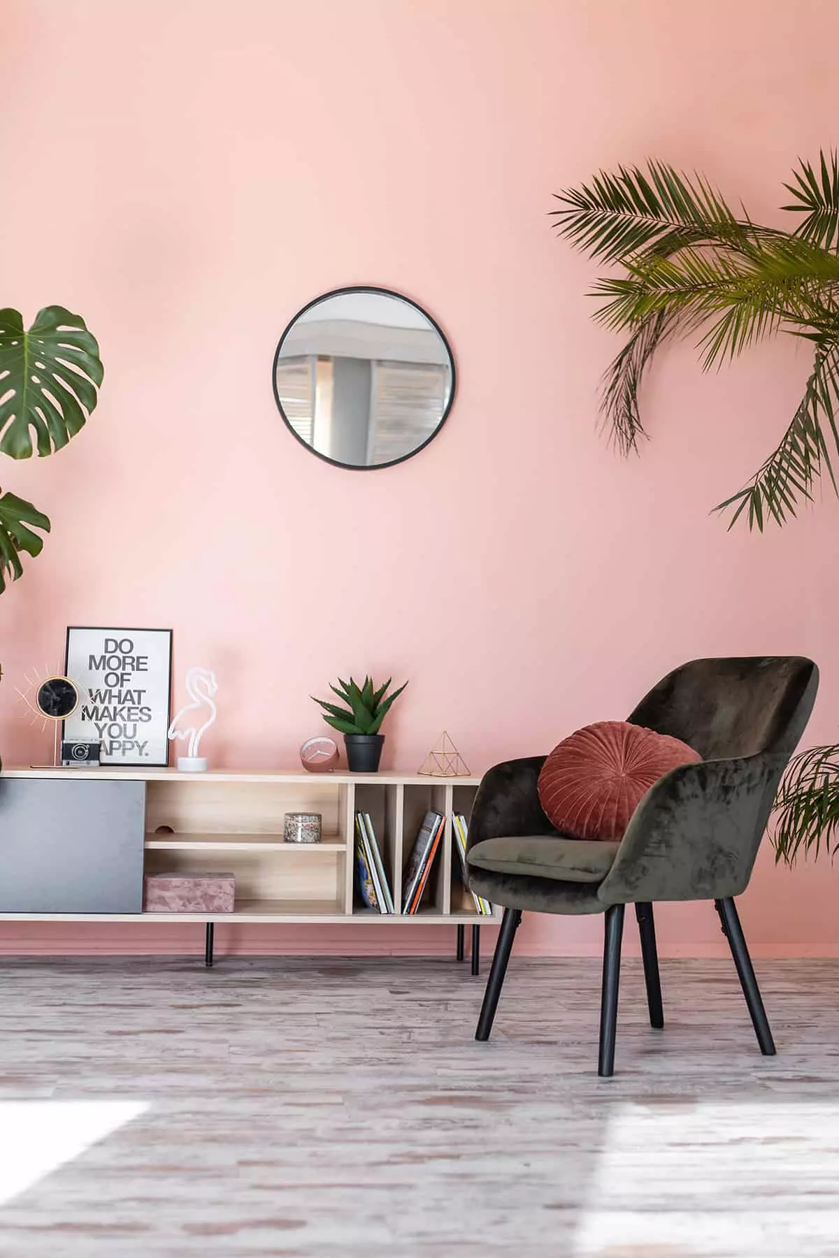 Pastel Pink Wall with Light Gray Floor