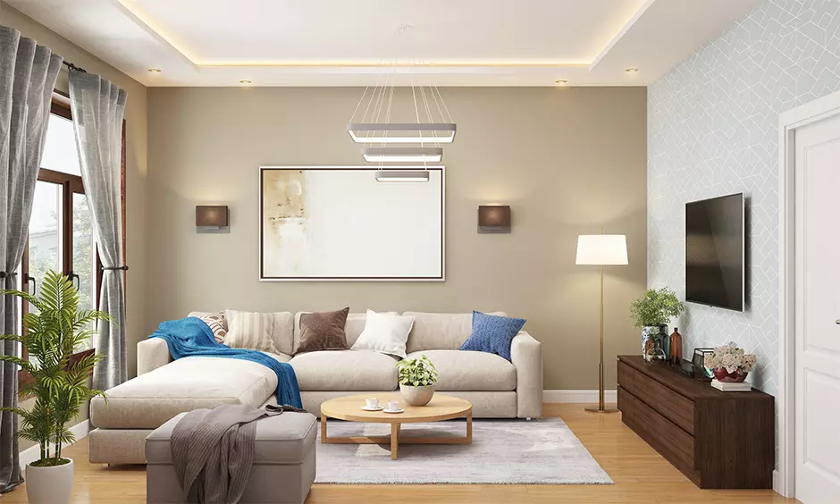 Kid-friendly stylish living room - choose chandeliers and a false ceiling with spotlights and cove lights to illuminate