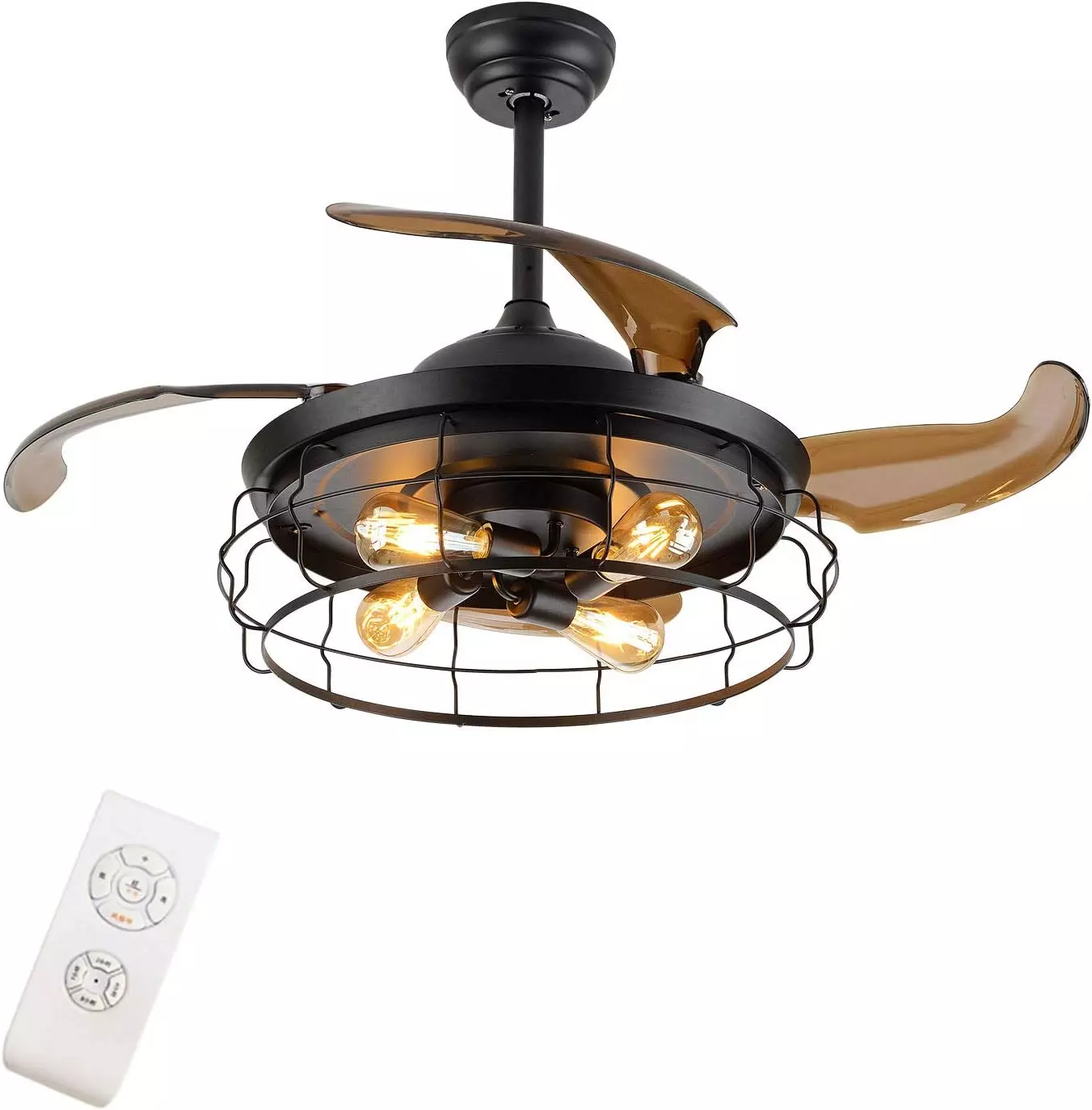 Ceiling Fan with Light Industrial Ceiling Light Retractable Blades Vintage Cage Chandelier Fan