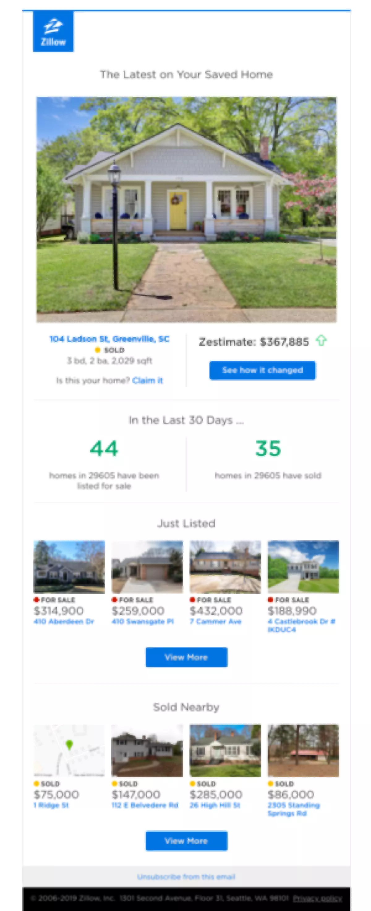 Hình ảnh cá nhân hóa bản tin bất động sản từ Zillow. Nguồn: ReallyGoodEmails