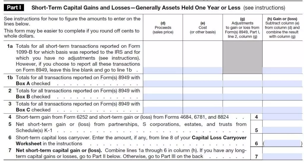 An excerpt from Form 8949