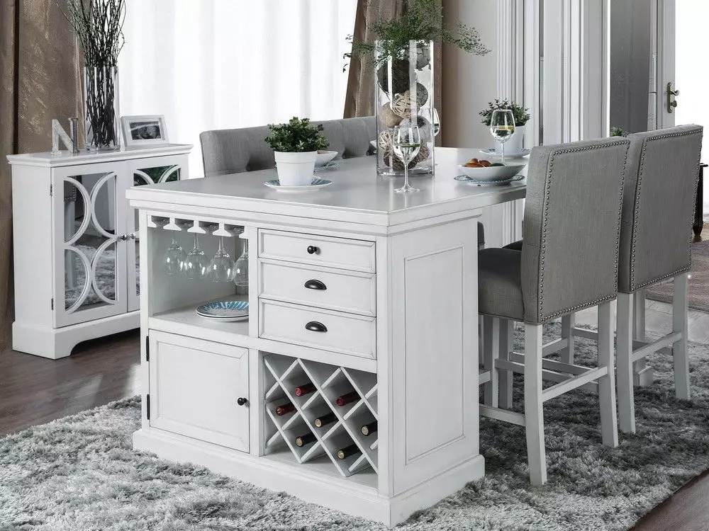 White 4-person kitchen island with drawers and storage shelves