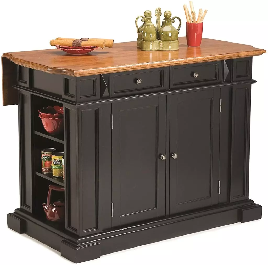 Black freestanding kitchen island with a drop-leaf countertop