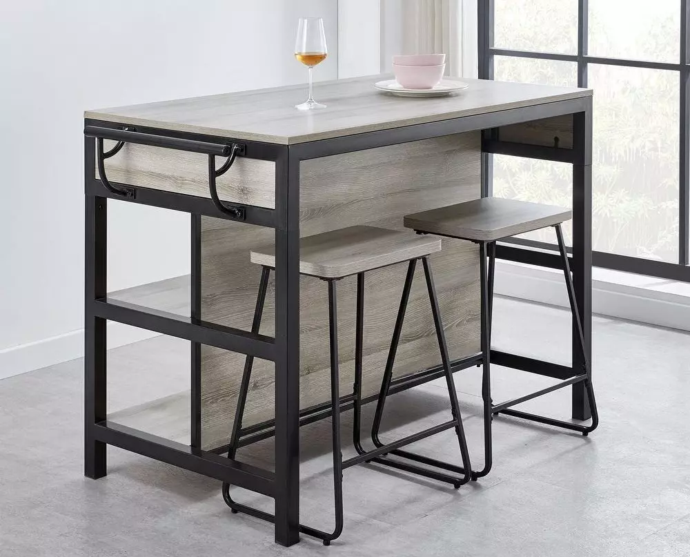 Freestanding kitchen island with a gray finish and drawers for storage