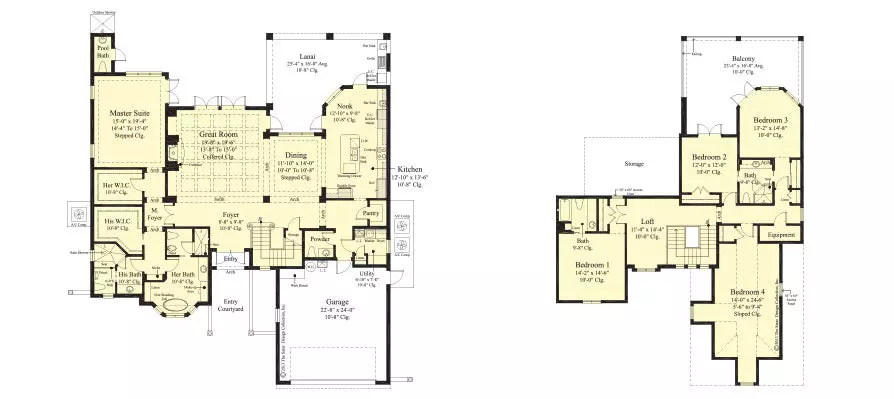 floor plans, first and second, of a two-story award-winning stock house plan