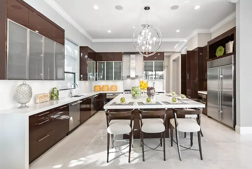 Kitchen with white painted high gloss cabinets quartz countertops polished concrete countertops