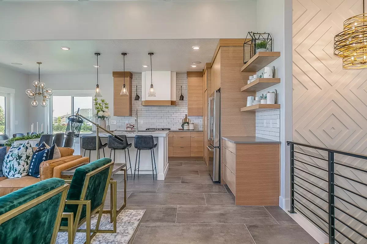 Farmhouse style kitchen with open windows and shelving