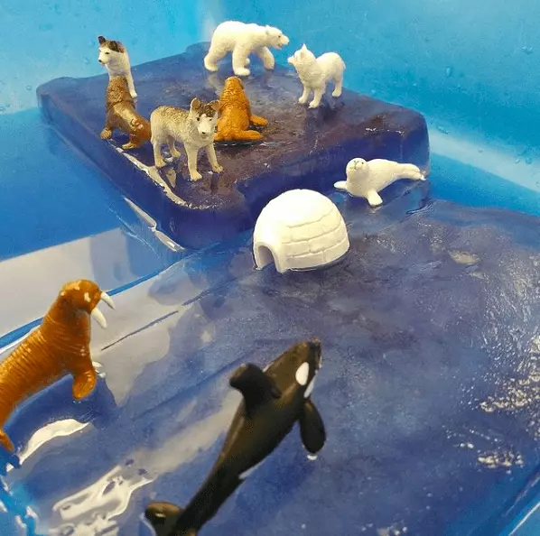 Students playing with a water table featuring fake spiders and a plastic spout