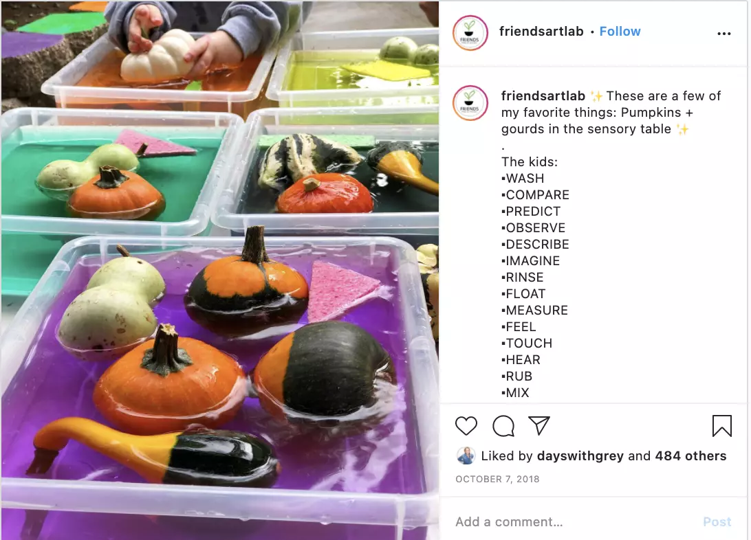 Sensory bins with colored water and mini gourds floating in them