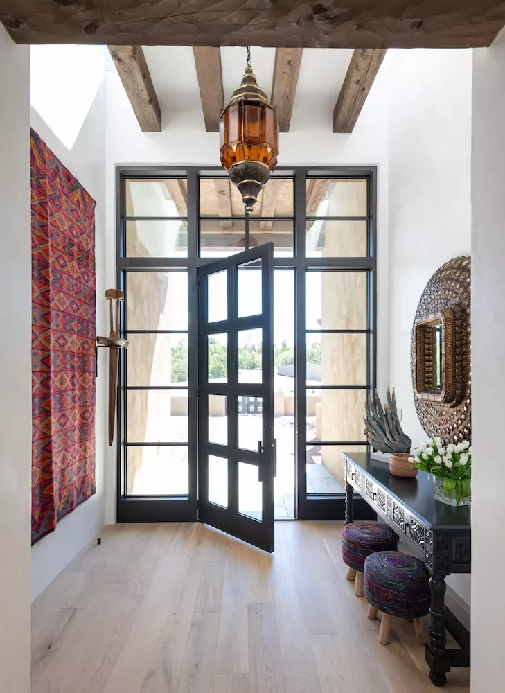 A view from the front door of a southwestern inspired home in Santa Fe