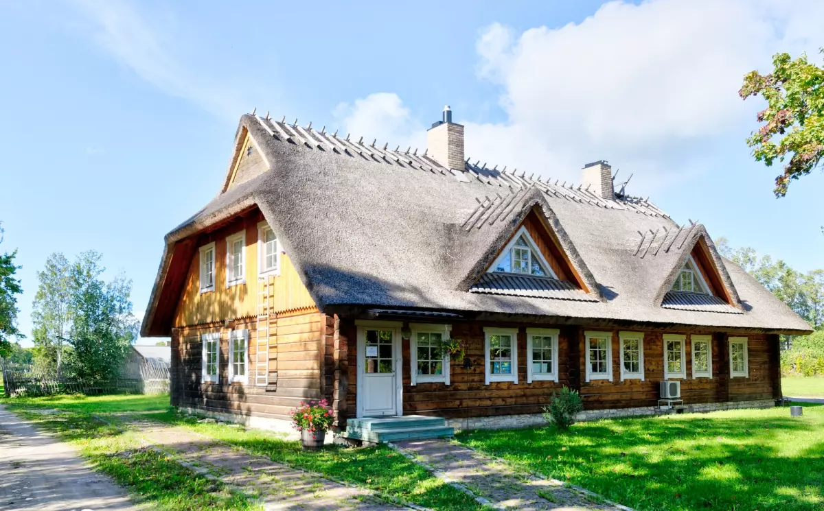 House under blue skies