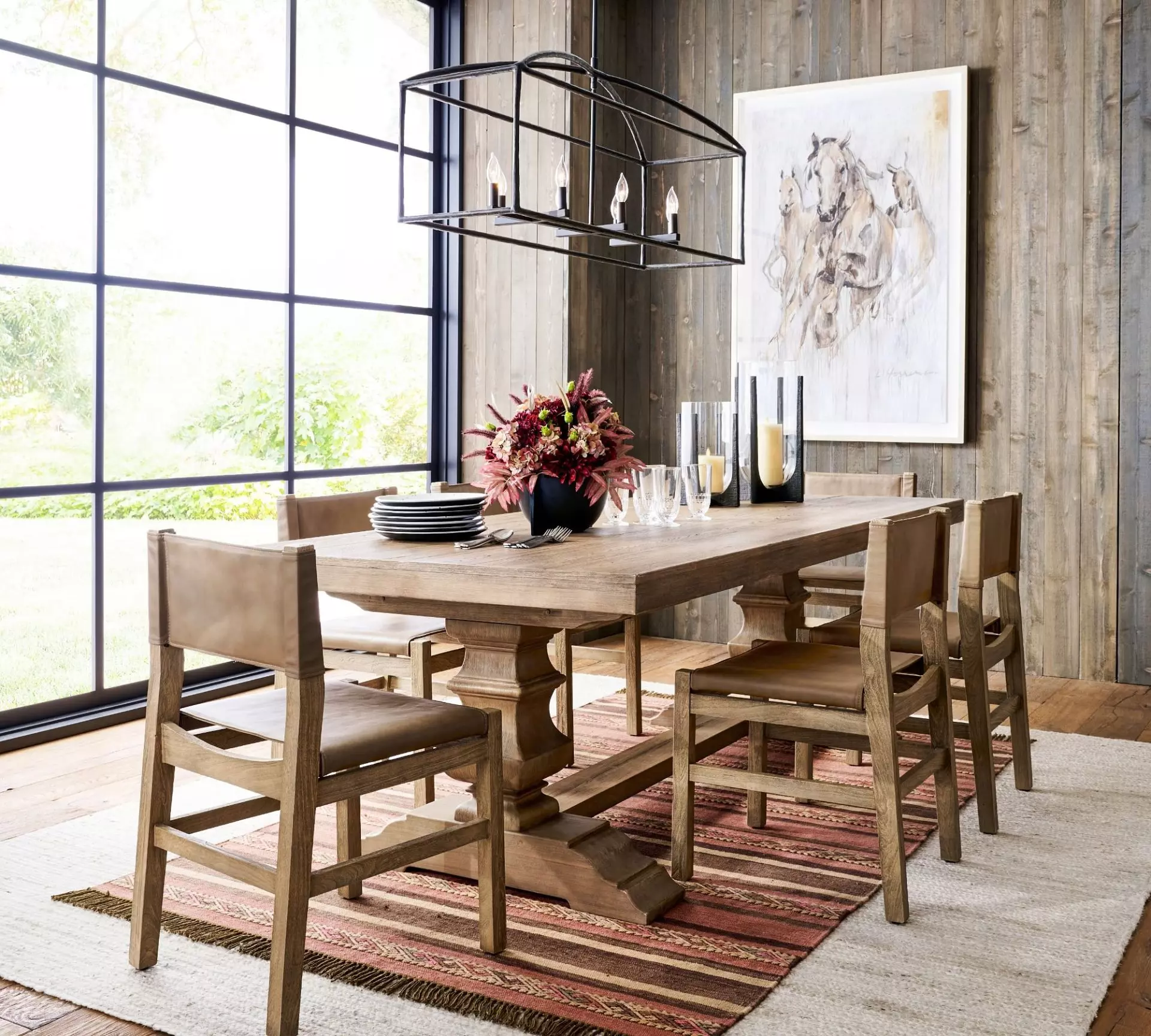 farmhouse style extendable dining table that can seat 6.