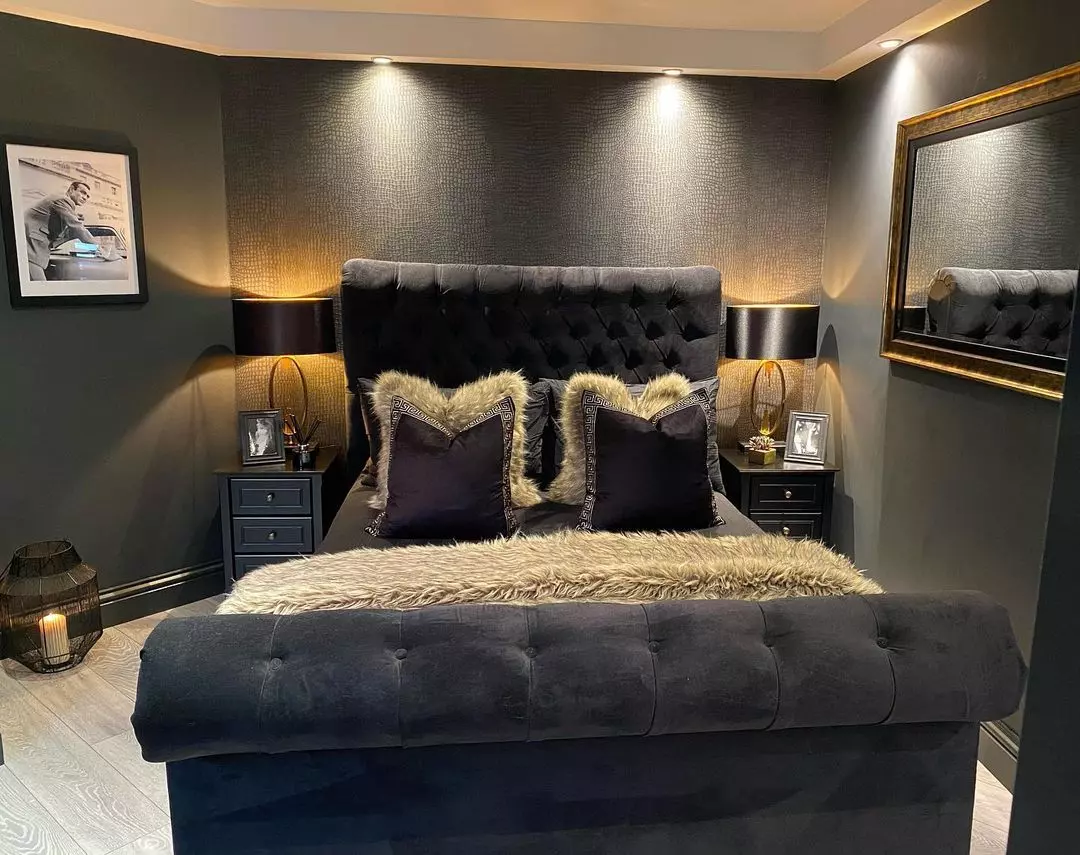 black white grey and gold bedroom