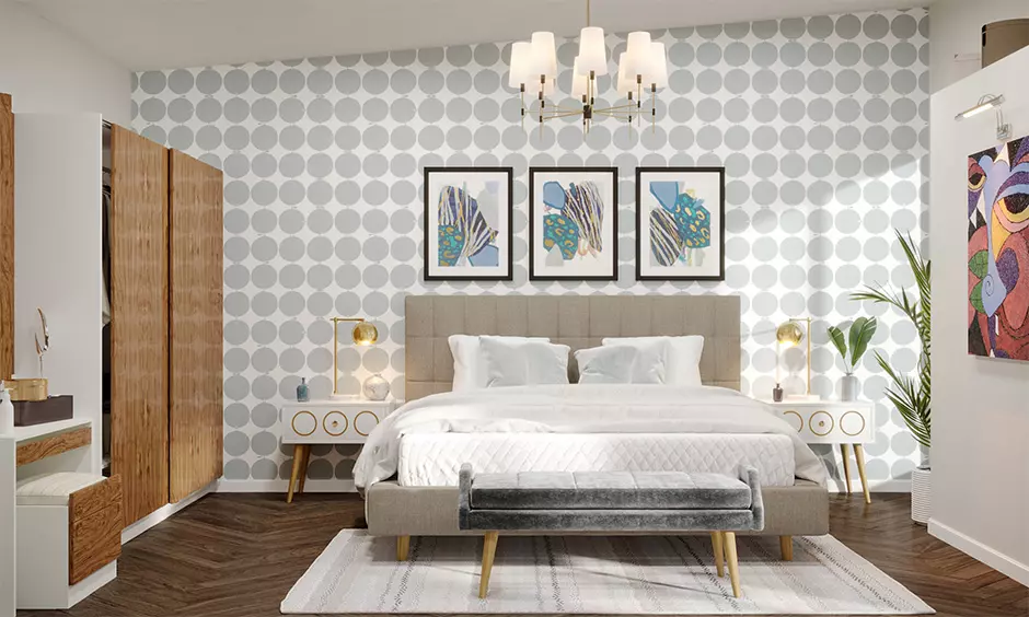 A mid-century modern master bedroom with a slant wooden headboard adds an urban touch